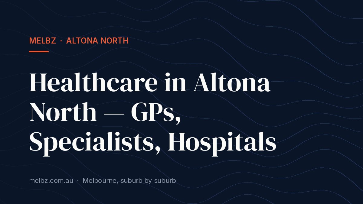 Title card: Healthcare in Altona North — GPs, Specialists, Hospitals