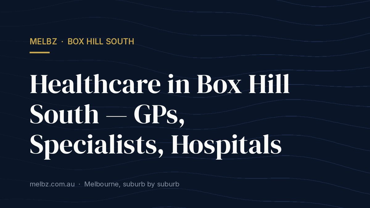 Title card: Healthcare in Box Hill South — GPs, Specialists, Hospitals