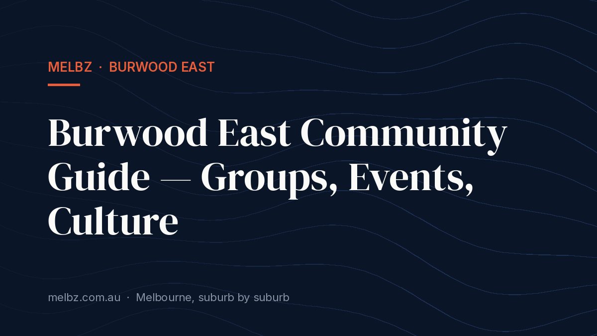 Title card: Burwood East Community Guide — Groups, Events, Culture