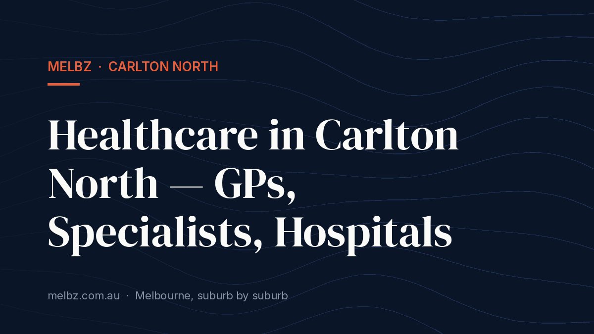 Title card: Healthcare in Carlton North — GPs, Specialists, Hospitals