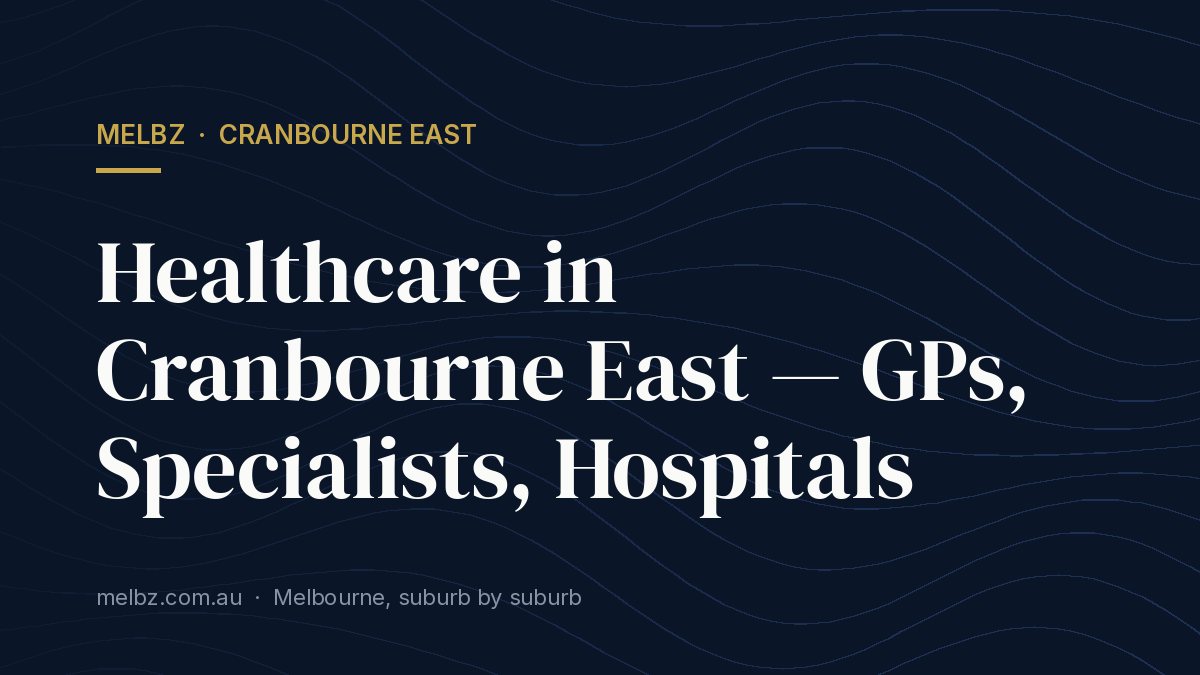 Title card: Healthcare in Cranbourne East — GPs, Specialists, Hospitals