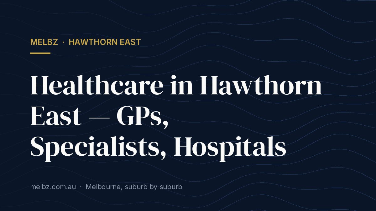 Title card: Healthcare in Hawthorn East — GPs, Specialists, Hospitals