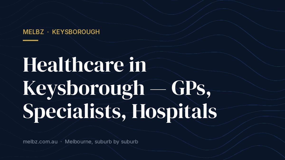 Title card: Healthcare in Keysborough — GPs, Specialists, Hospitals