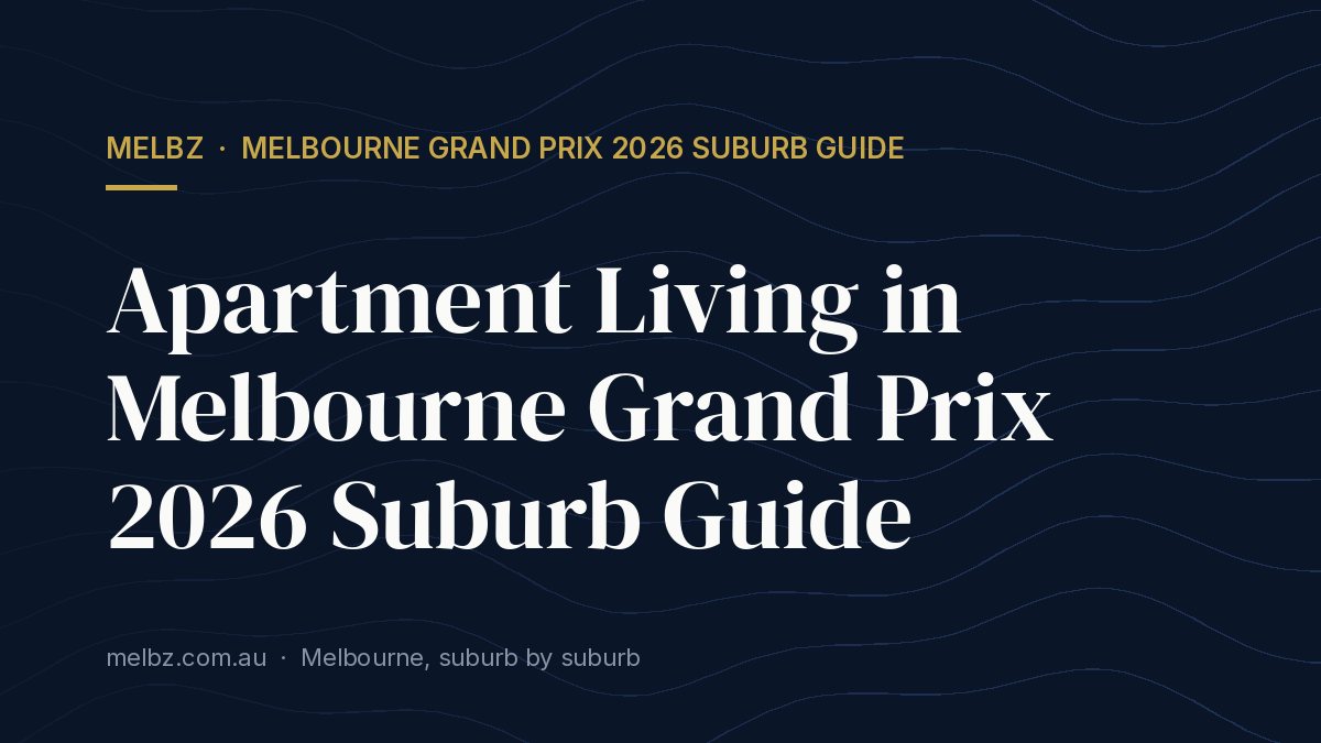 Title card: Apartment Living in Melbourne Grand Prix 2026 Suburb Guide