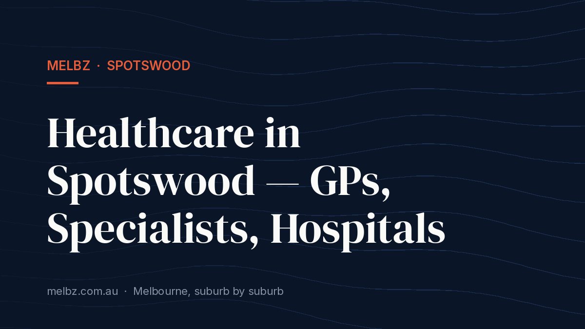Title card: Healthcare in Spotswood — GPs, Specialists, Hospitals