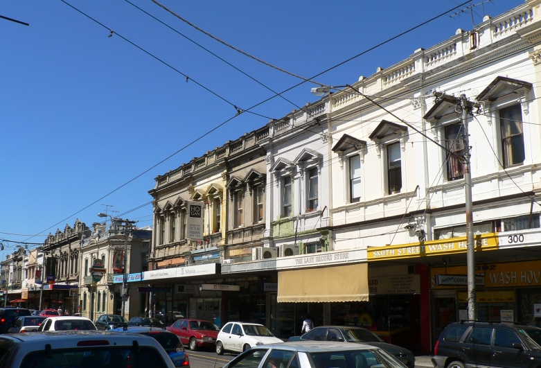 Victorian-era shopfronts along Smith Street, Collingwood, looking north