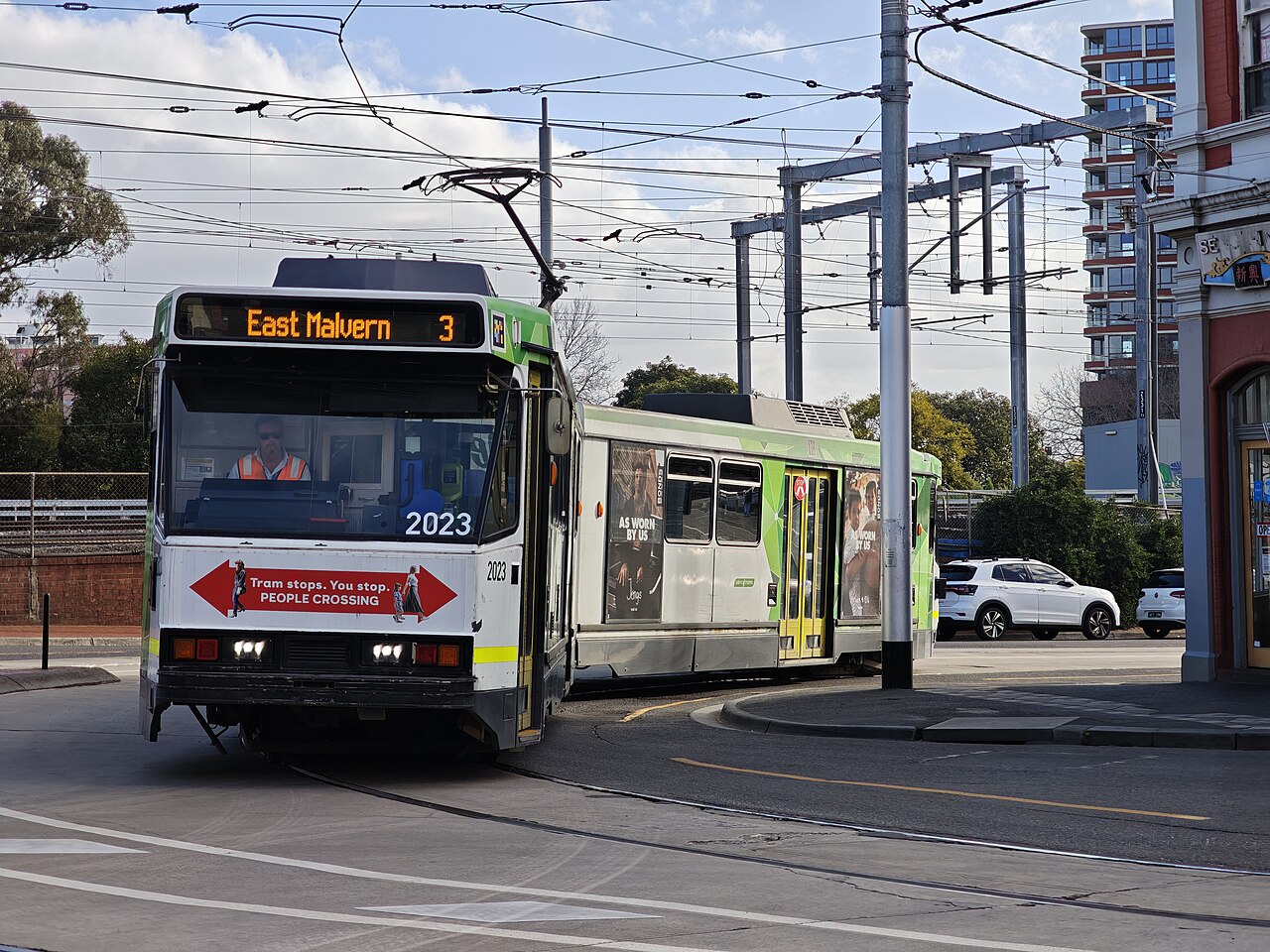 Tram at the Caulfield railway station terminus