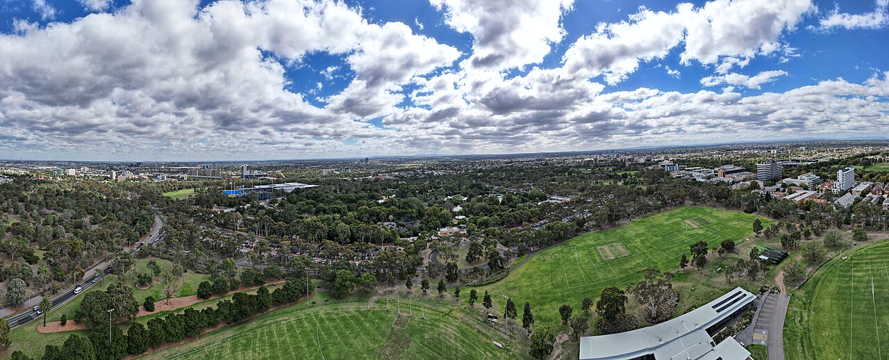 Aerial panorama of Parkville under a cloudy sky