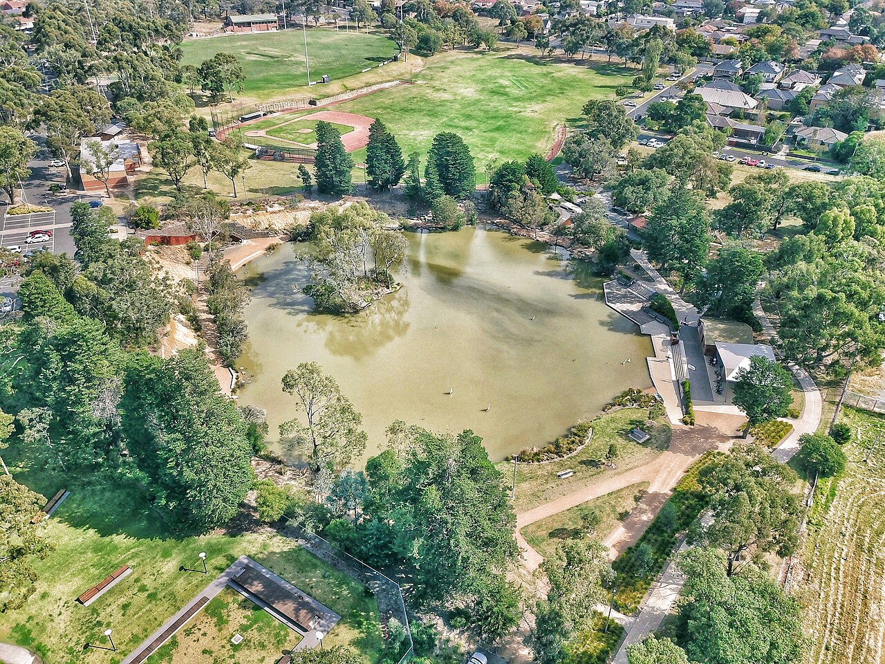 Aerial view of the lake and parkland at Surrey Park