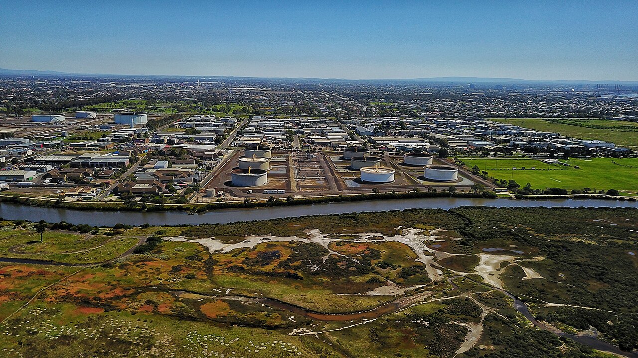 Aerial view of the Mobil refinery and surrounding wetlands