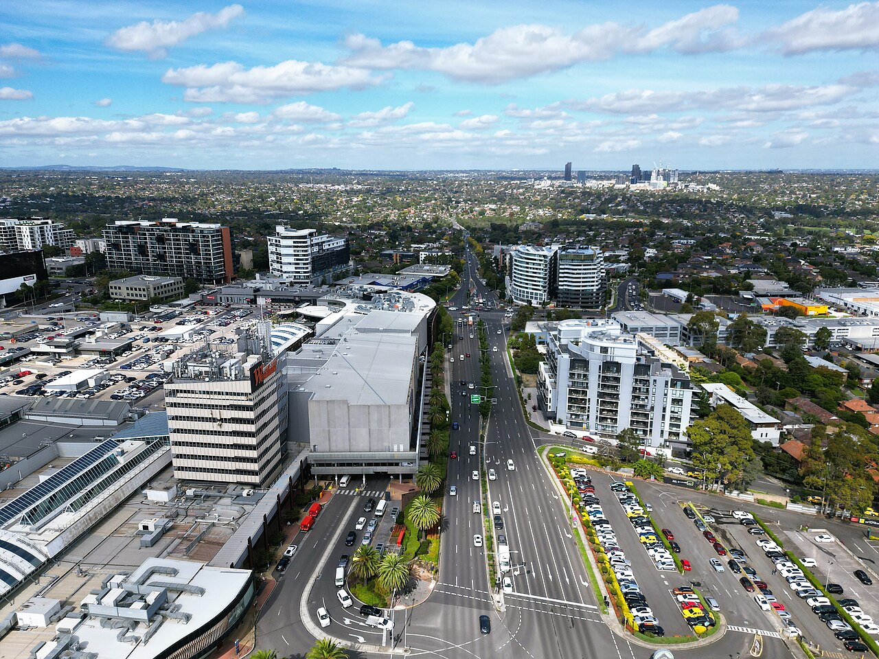 Aerial view along Doncaster Road past Westfield Doncaster