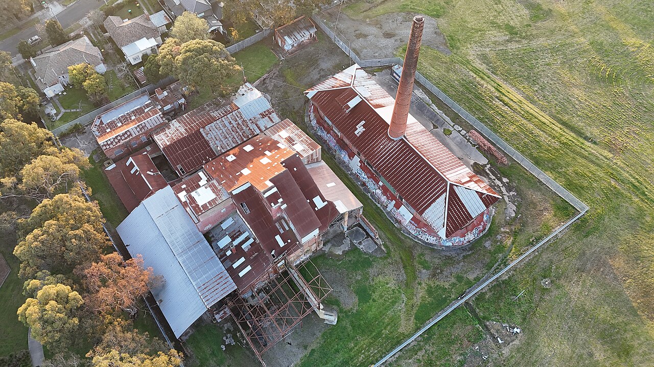 Aerial view of the Box Hill Brickworks kilns and chimney