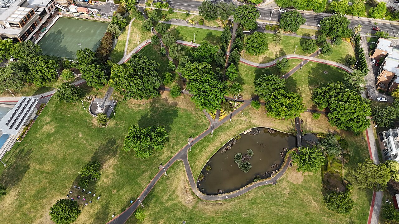 Aerial view of the west end of Box Hill Gardens with its pond