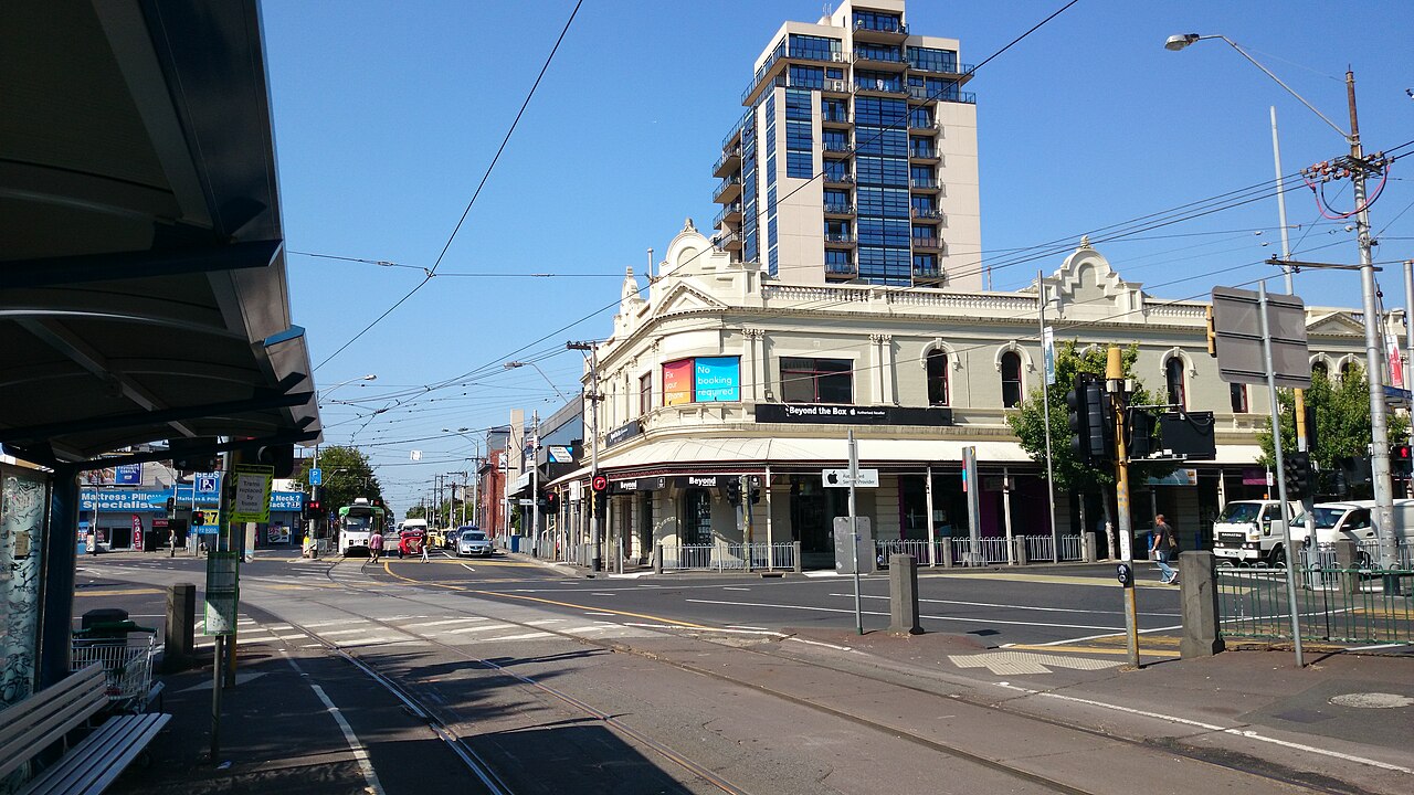 Corner shops and a tower at Ascot Vale and Mount Alexander Road