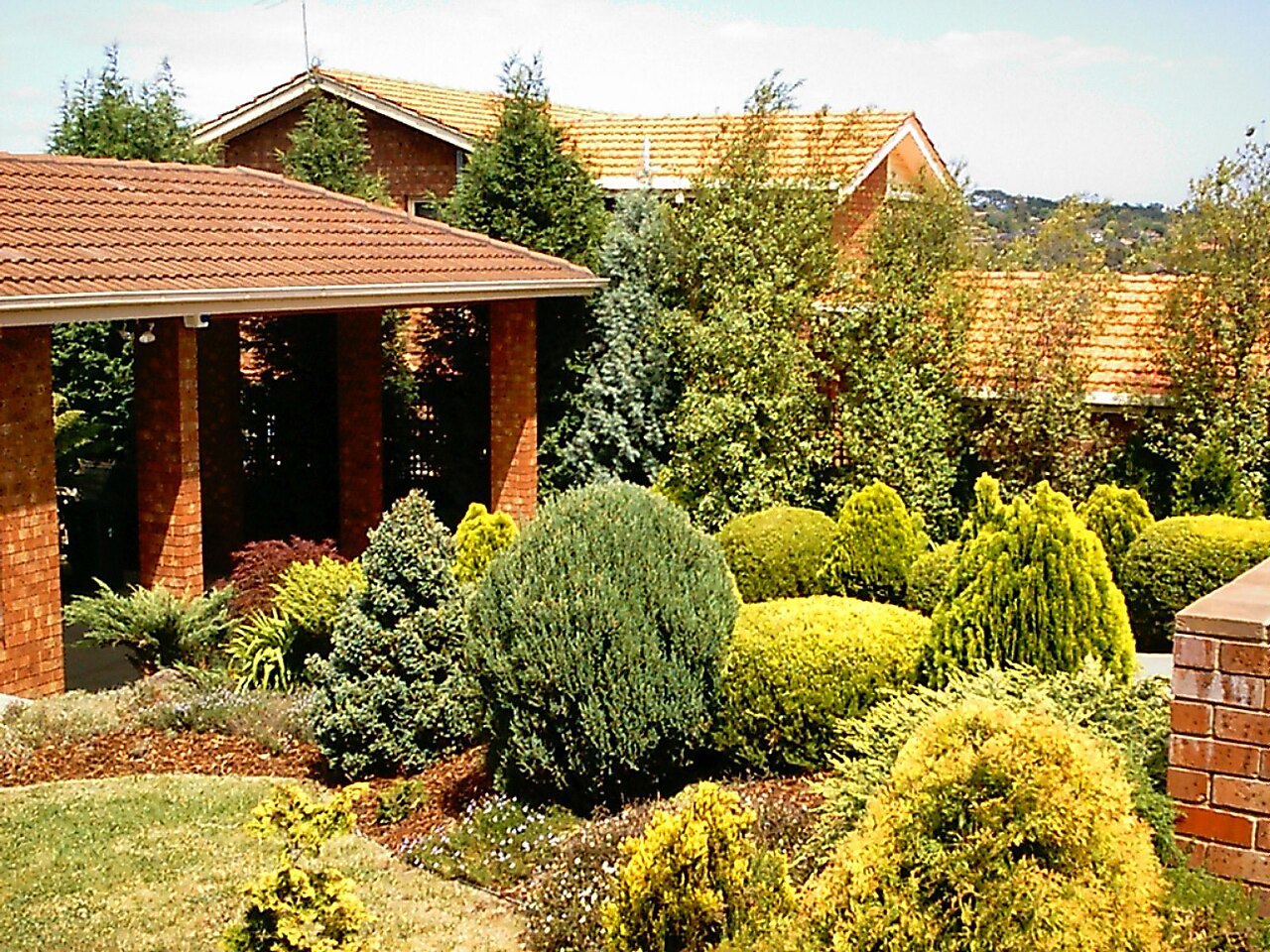 Landscaped garden with clipped shrubs in front of a brick building