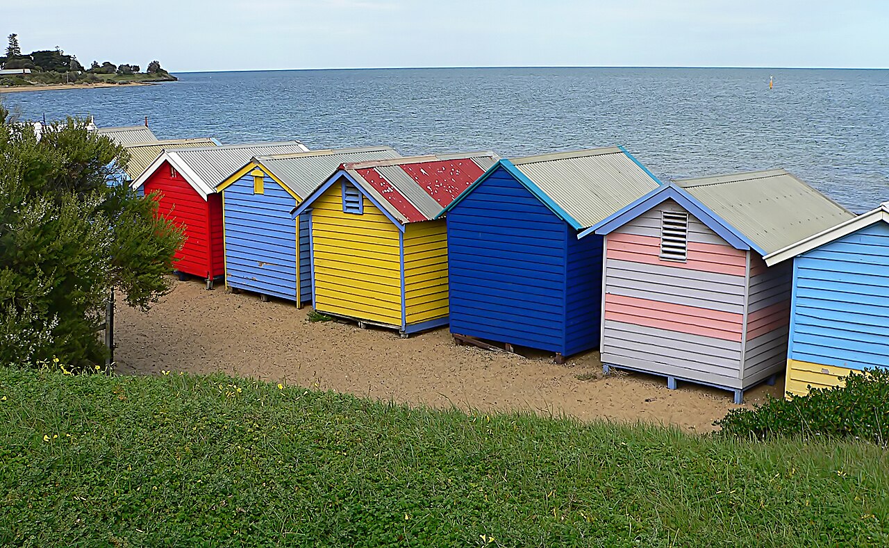 Bathing boxes at Brighton seen from the grass