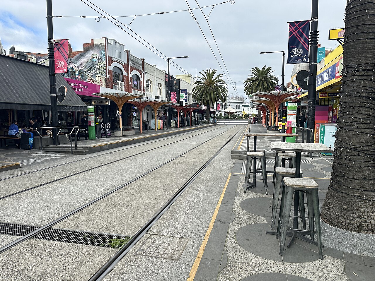 Tram tracks and cafes at Belford Street and Acland Street
