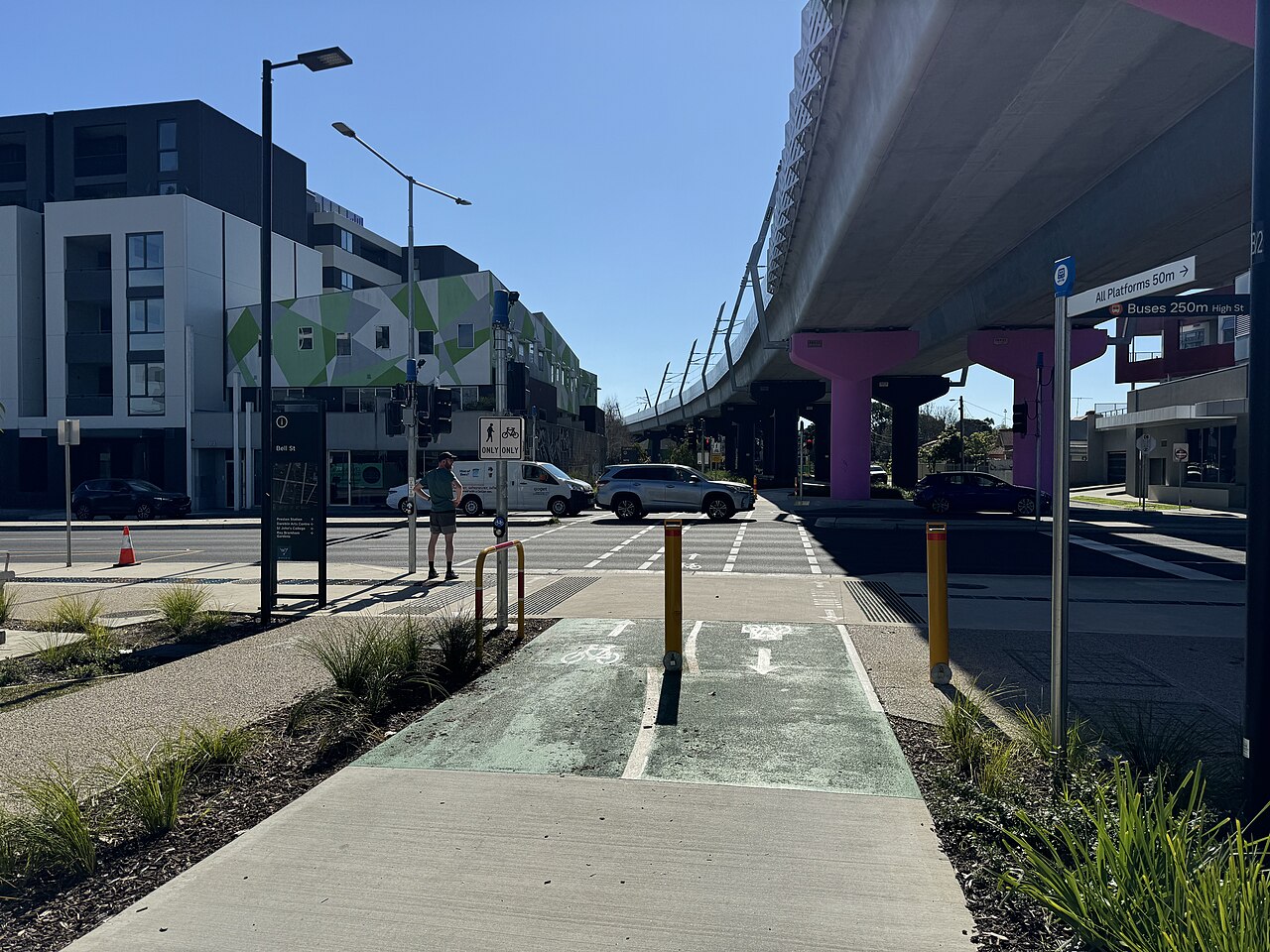 Bicycle lane and footpath along Bell Street beside the elevated railway