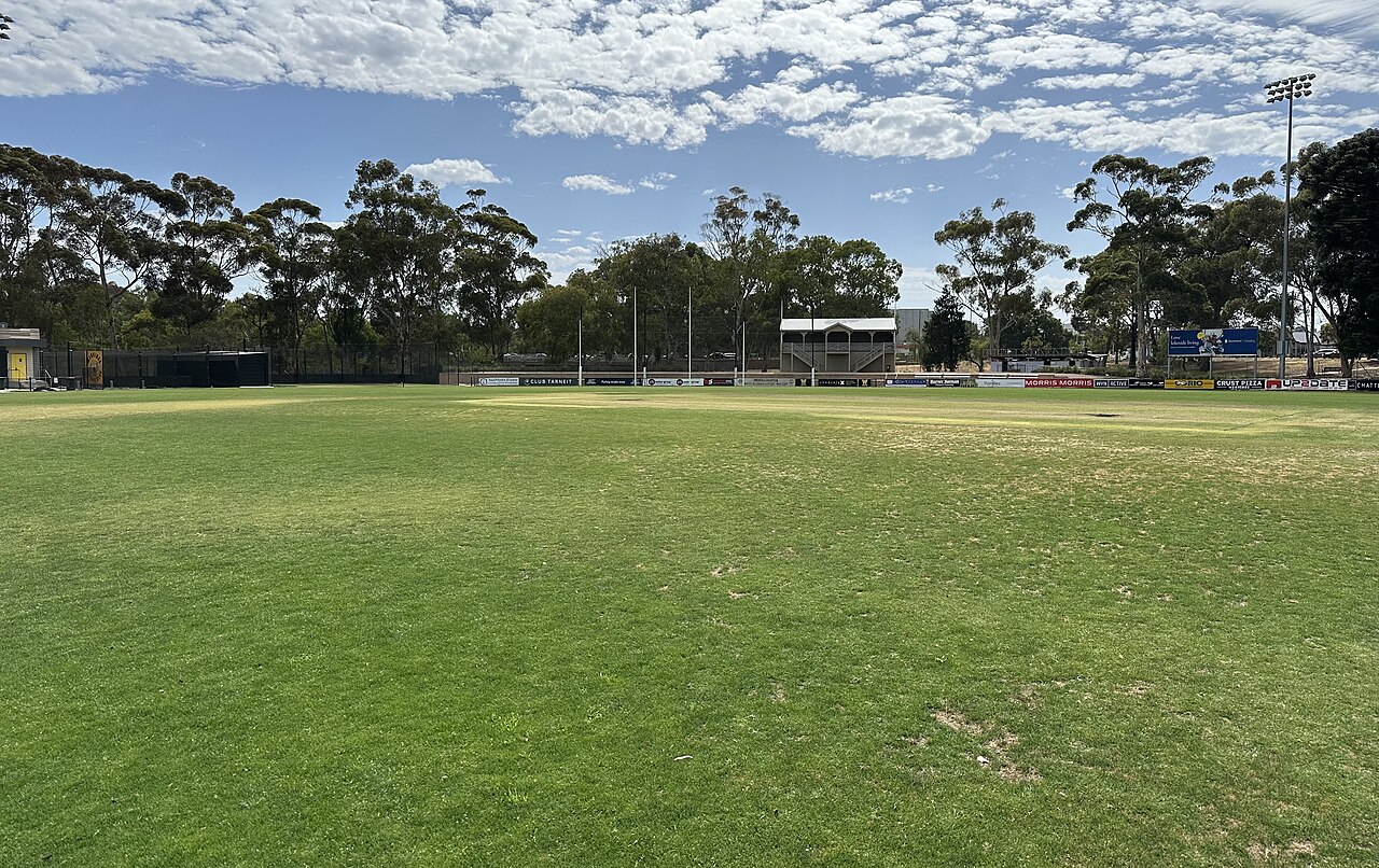 Grassed oval at Chirnside Park ringed by trees
