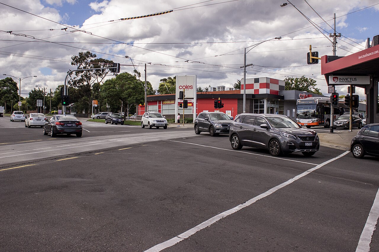 Dickens Corner intersection with shops on the corners