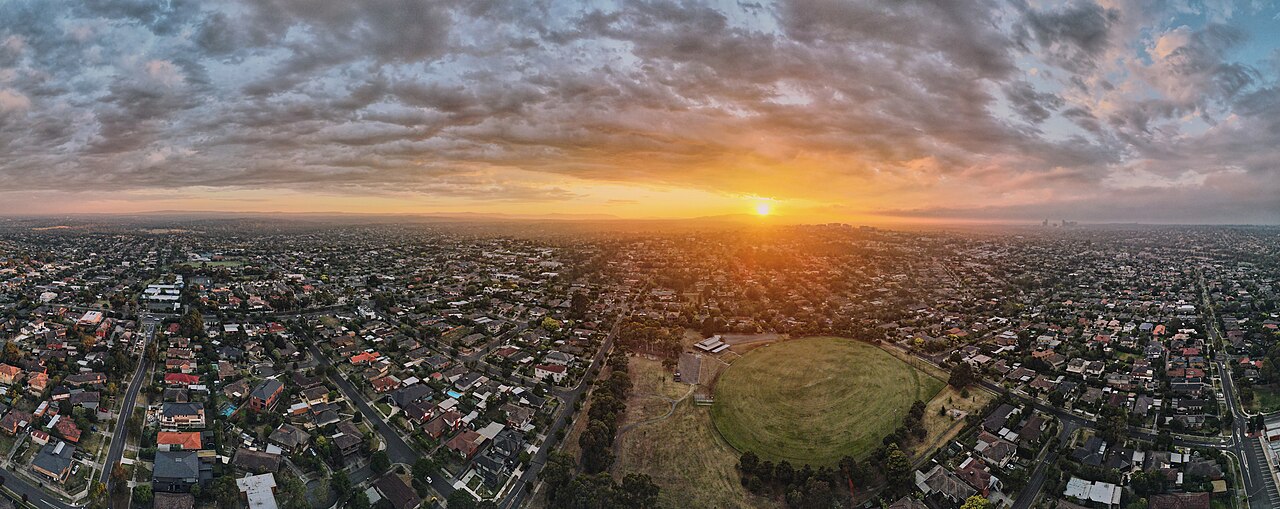 Doncaster sunrise panorama over suburban rooftops