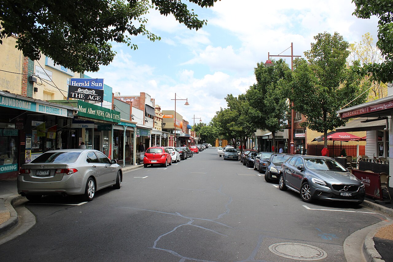 Shops and parked cars along Hamilton Street, Mont Albert