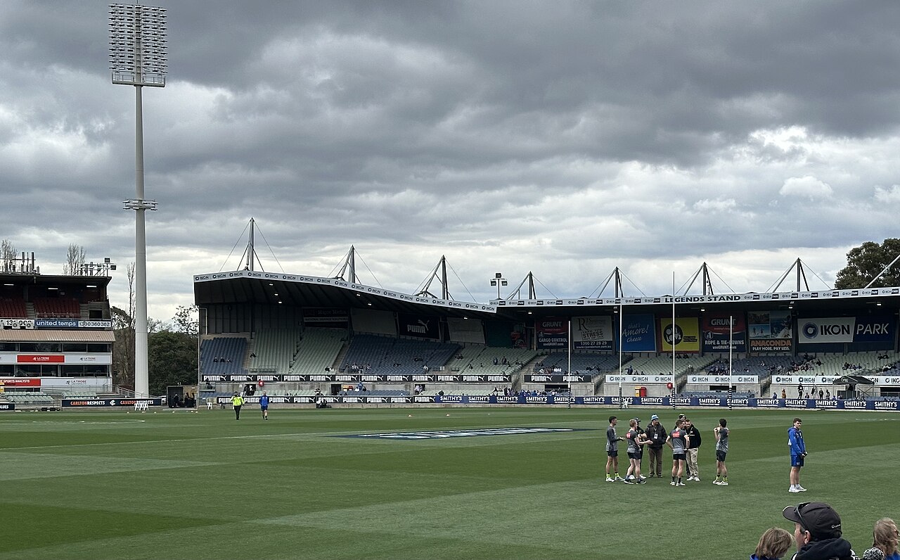 Grandstand at Ikon Park under a cloudy sky