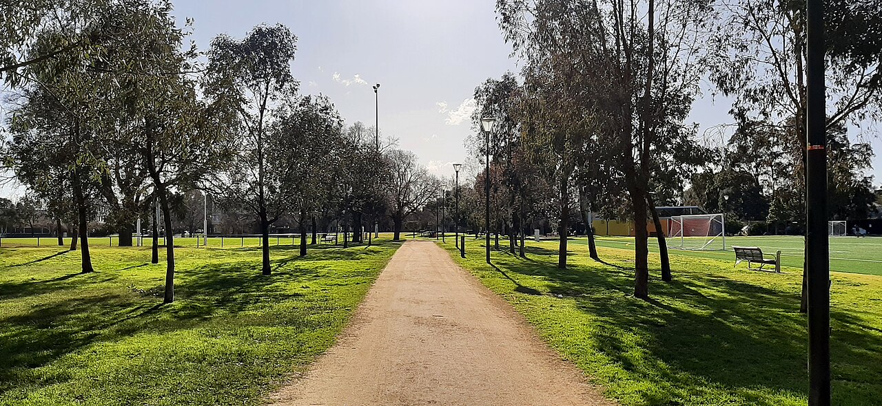 Tree-lined path through J.J. Holland Park