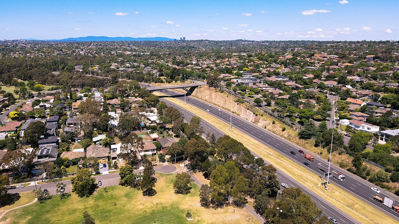Looking east from Willsmere Park over the freeway and suburbs