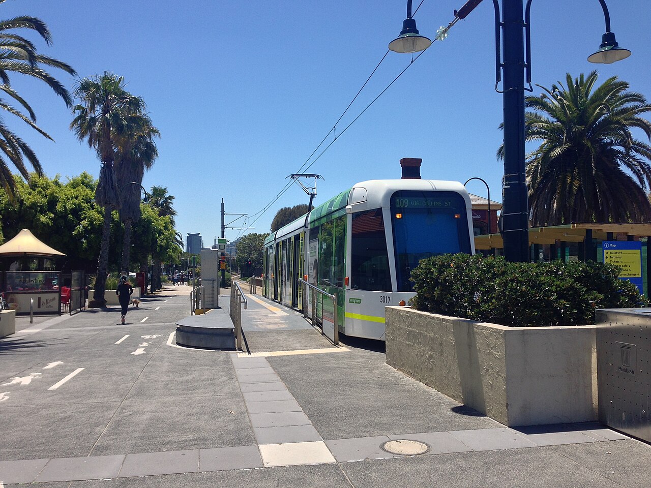Port Melbourne tram terminus with palm trees