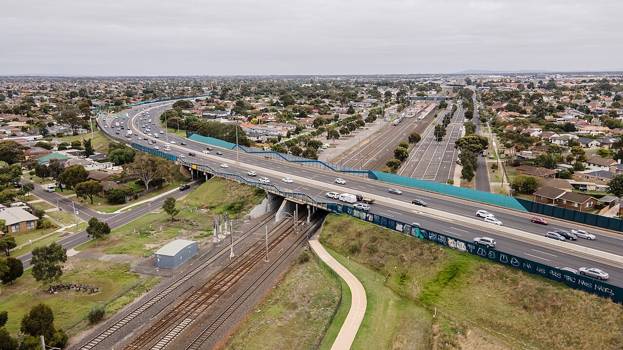 Aerial view of the Princes Freeway at Laverton Junction