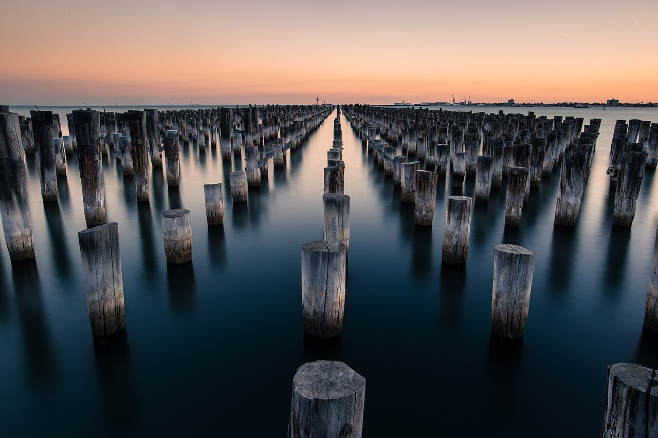 Rows of old pier piles at dusk, Princes Pier, Port Melbourne