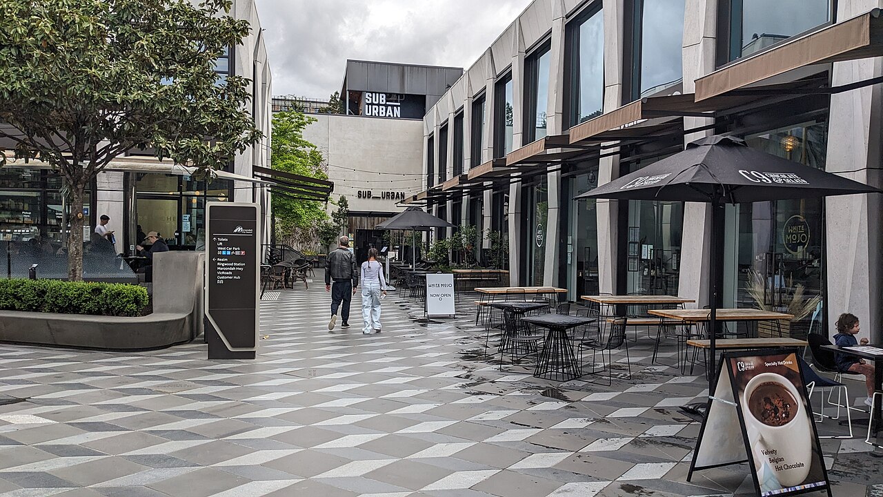 Cafe seating in the rear of a town square shopping area