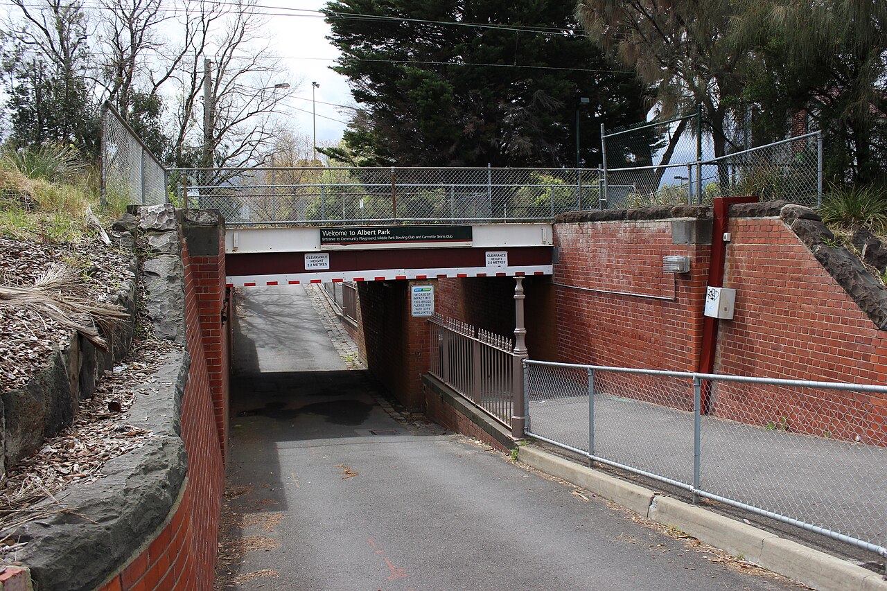 Road underpass beneath the tram line from Middle Park