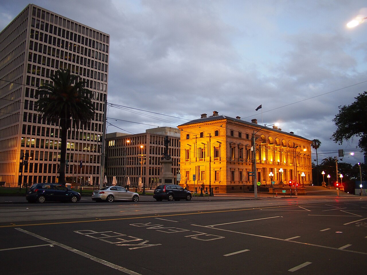 Spring Street government buildings at night