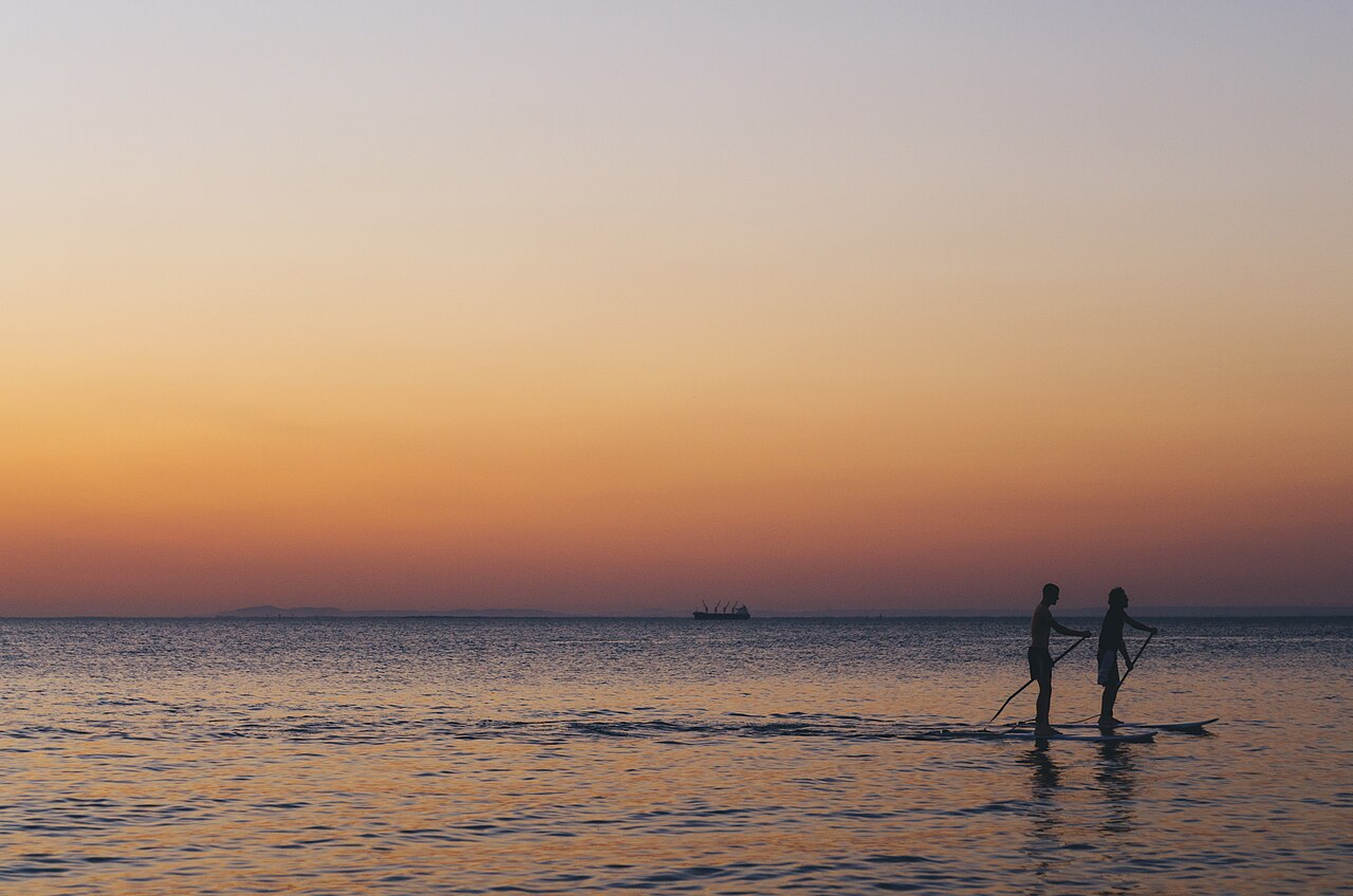 Paddleboarders silhouetted at sunset on the bay at Brighton