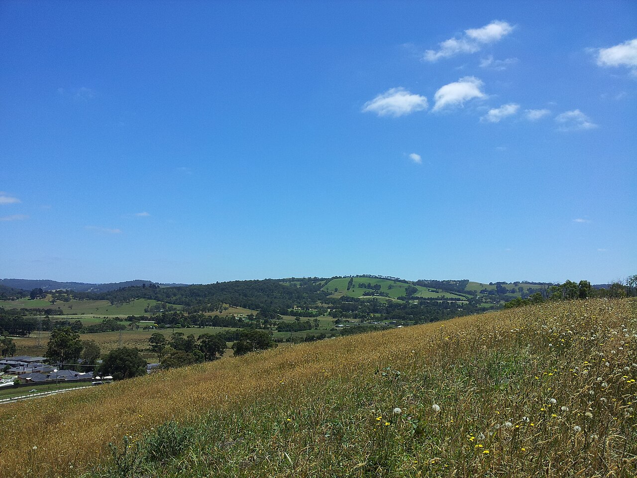 Green hills and valley farmland under a blue sky