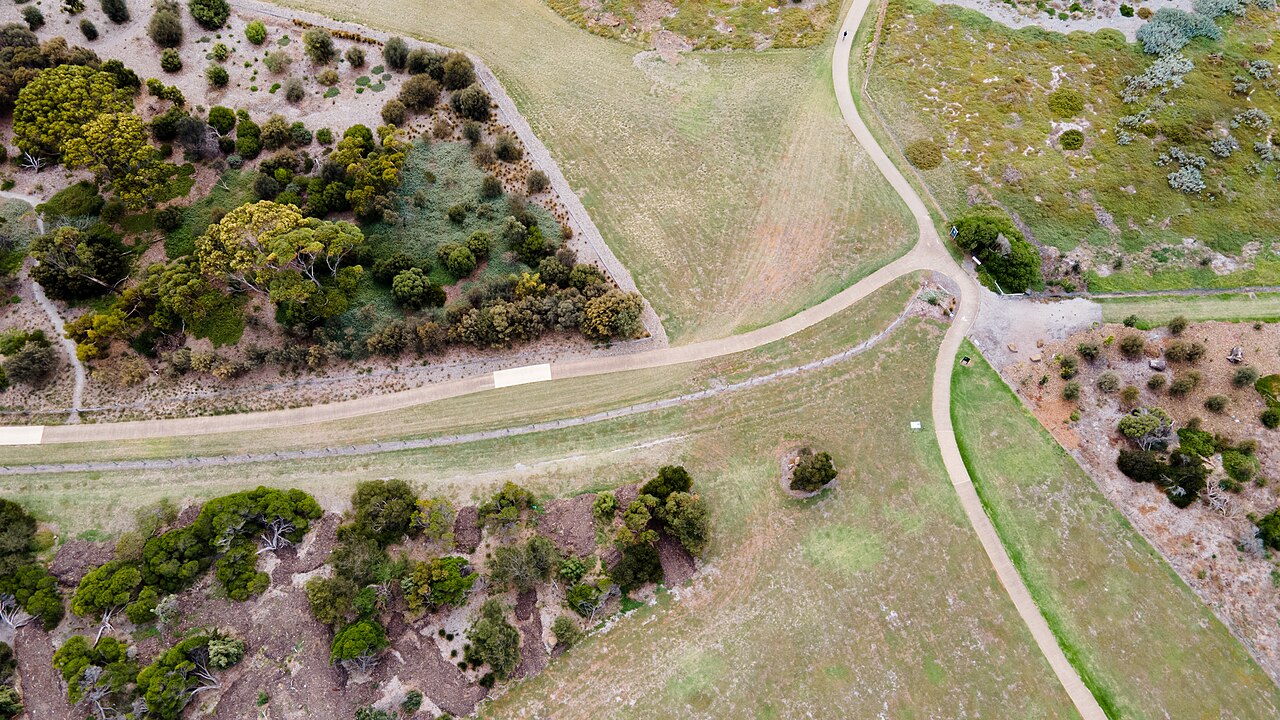 Walking tracks through Altona Coastal Park from above