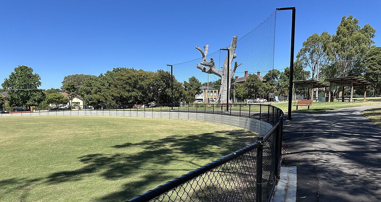 Oval fenced by trees at Victoria Park under a blue sky