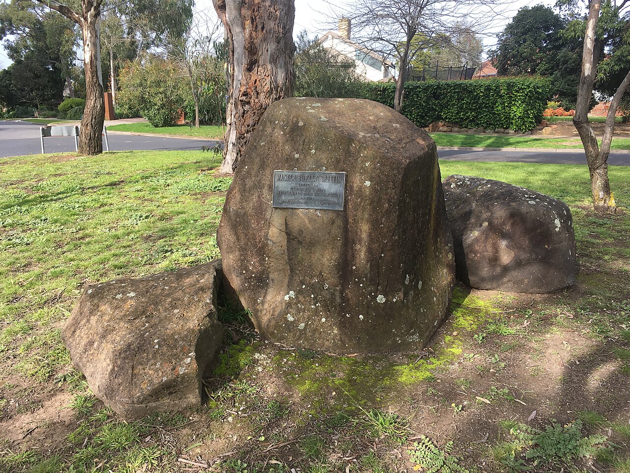 Walter Burley Griffin memorial boulder in a park, Ivanhoe