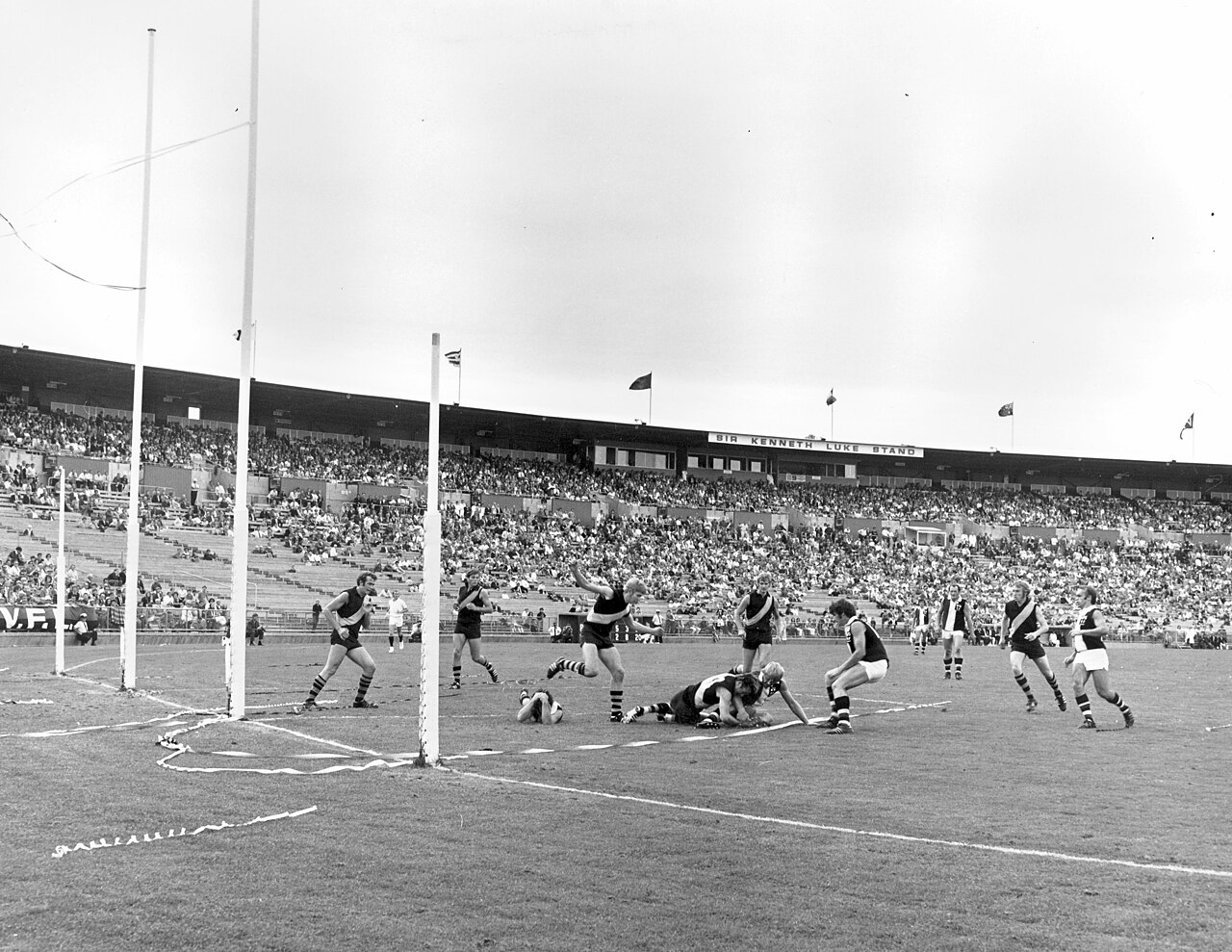 Football match at Waverley Park in the 1970s, black and white photo