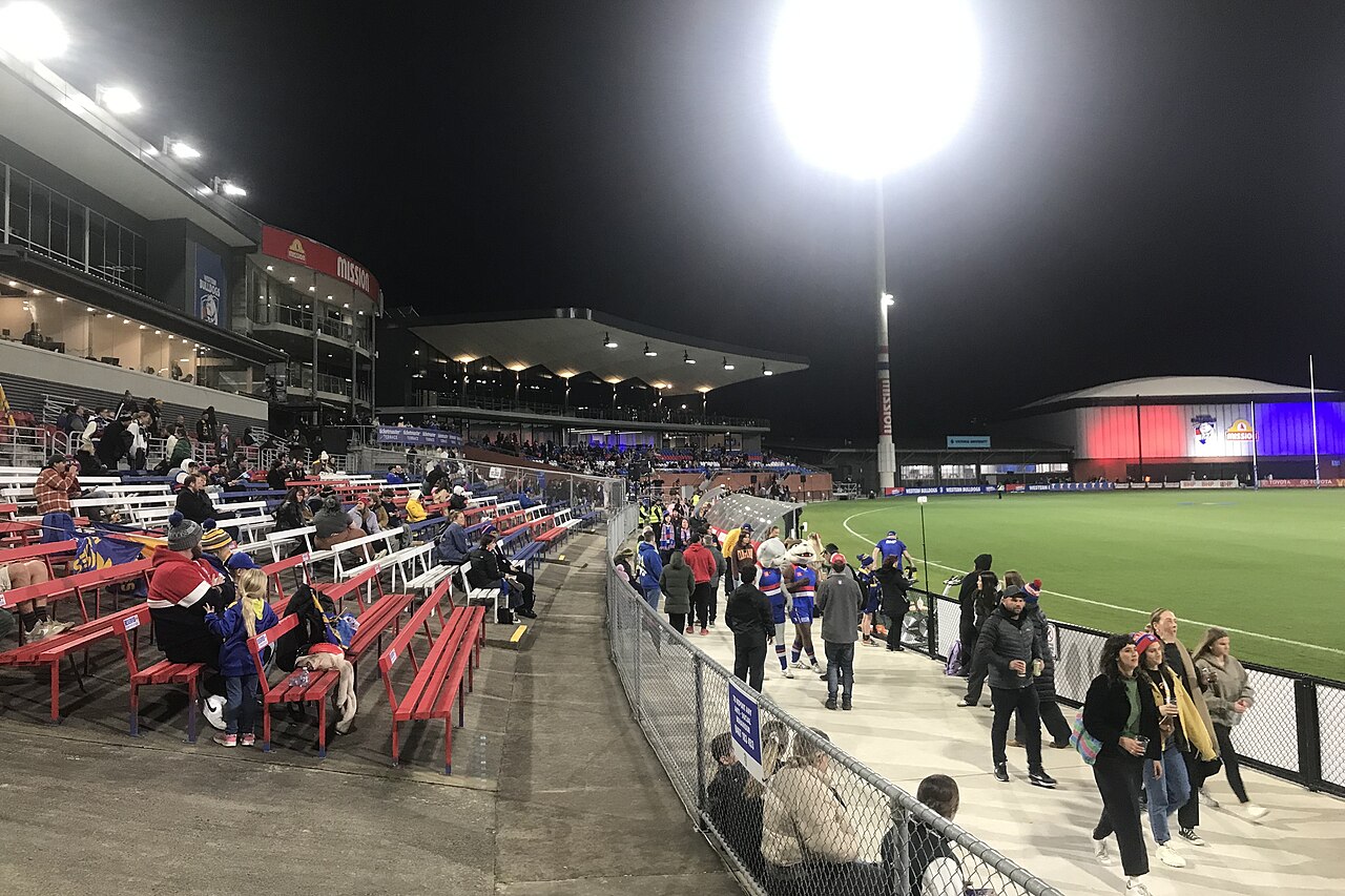 Whitten Oval grandstand and ground under lights at night