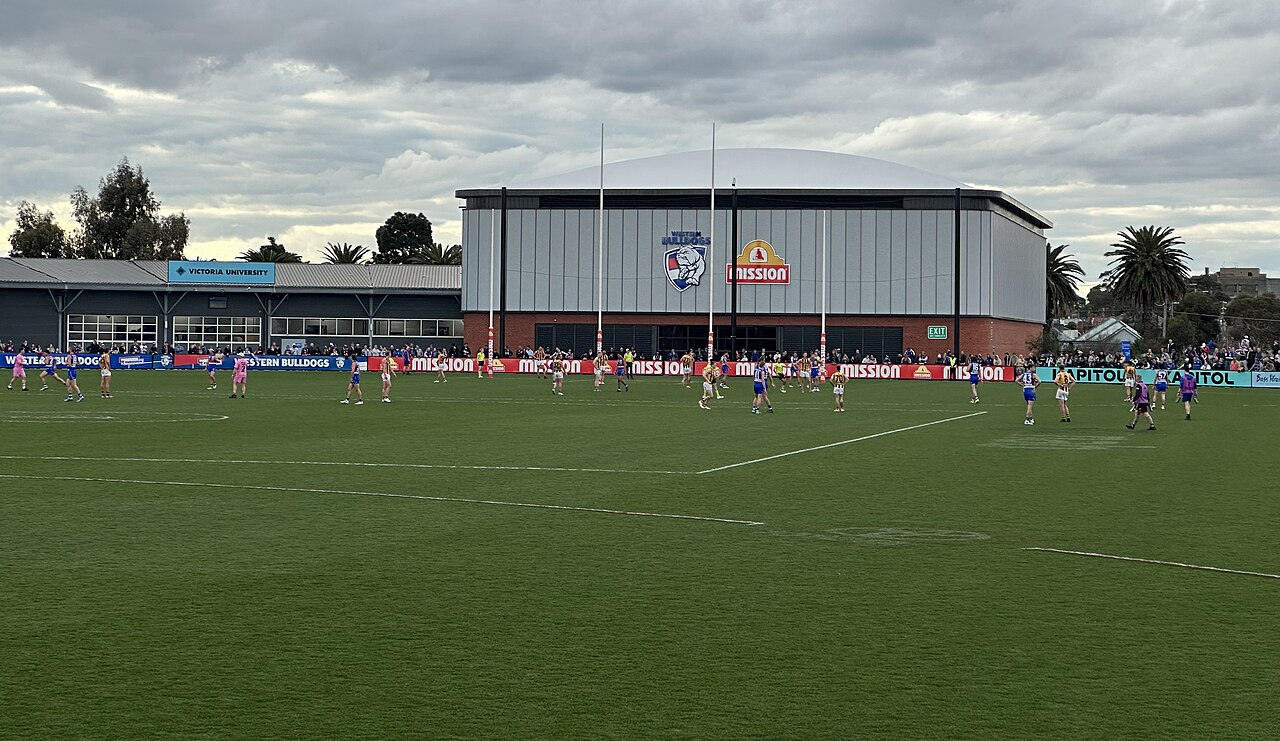 Wide view of Whitten Oval's playing field and grandstand