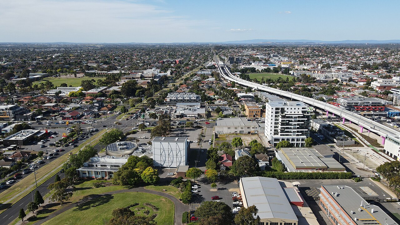 Aerial view of the Yan Yean pipe reserve meeting the elevated rail line
