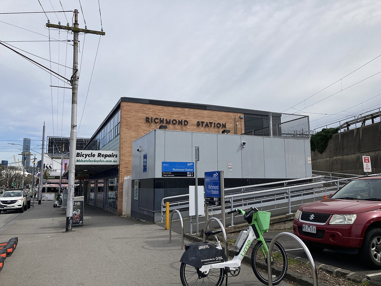 The Richmond Station building on Swan Street, Richmond, with its station sign